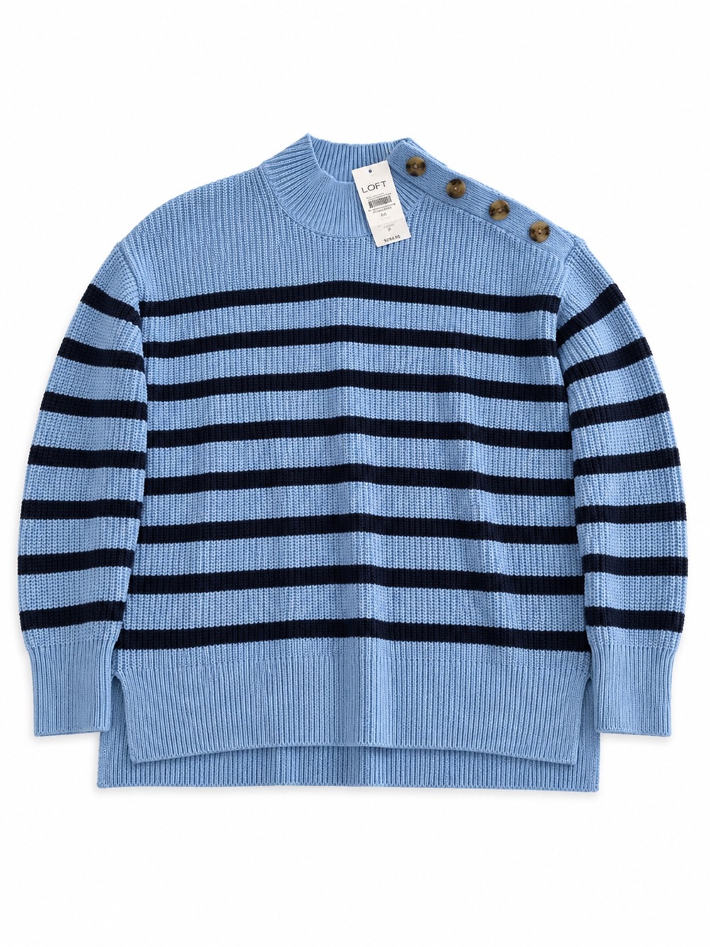LOFT Light Blue and Navy Striped Crewneck Sweater with Shoulder Buttons